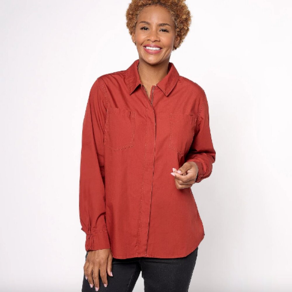 Denim & Co. Adaptive Collared Shirt with Side Slits , Rust Sz S a611516